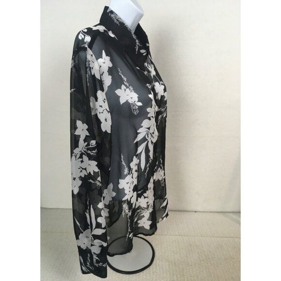 Croft n Barrow Top Women Size XL Sheer Black White Flowers Button up Long Sleeve - Picture 2 of 13